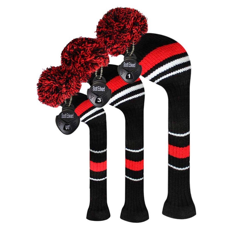 Scott Edward Black Red White Warning Color Style Golf Club Covers Set of 3 for Wood Clubs, Rotating Number Tags(Red Warning) - Image 1